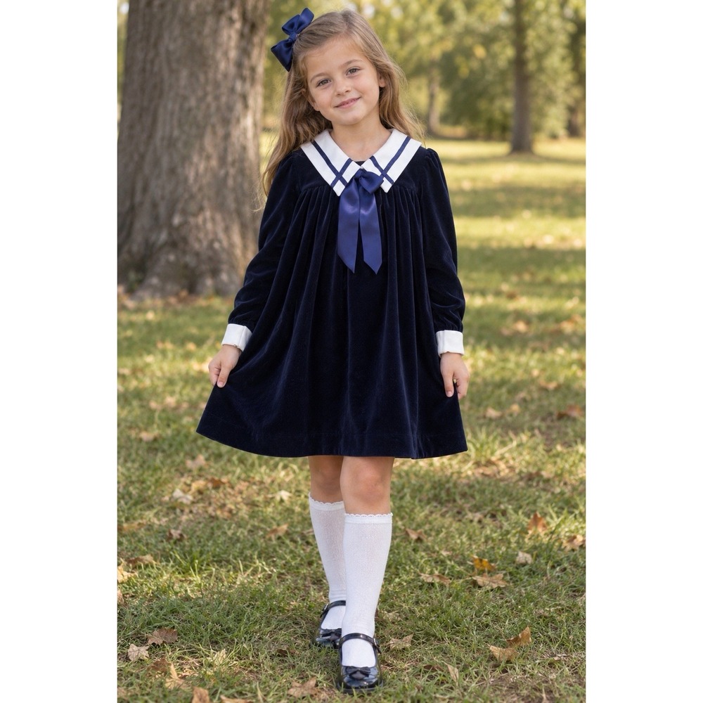 Vintage Harold Wohl Girls 6X Navy Velvet Sailor Dress White Collar Holiday